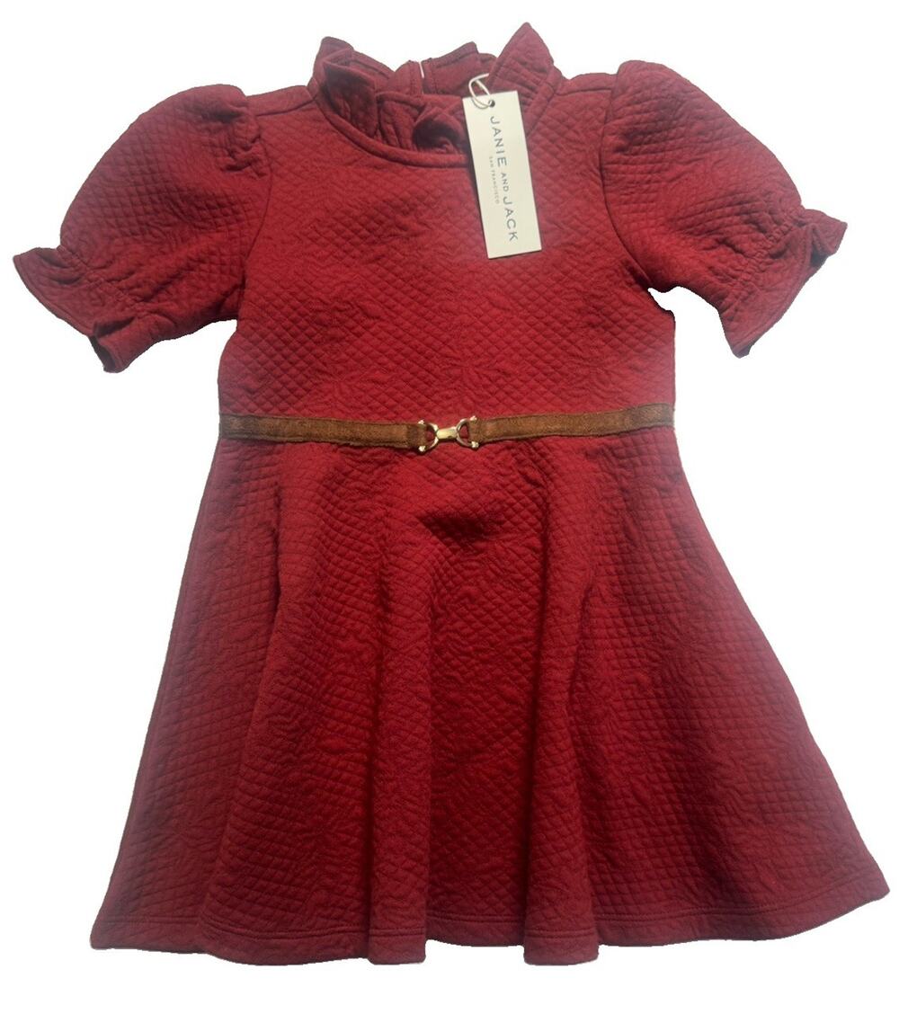 Janie and Jack Girls 2T Burgundy Textured Dress Puff Sleeve Belted NWT